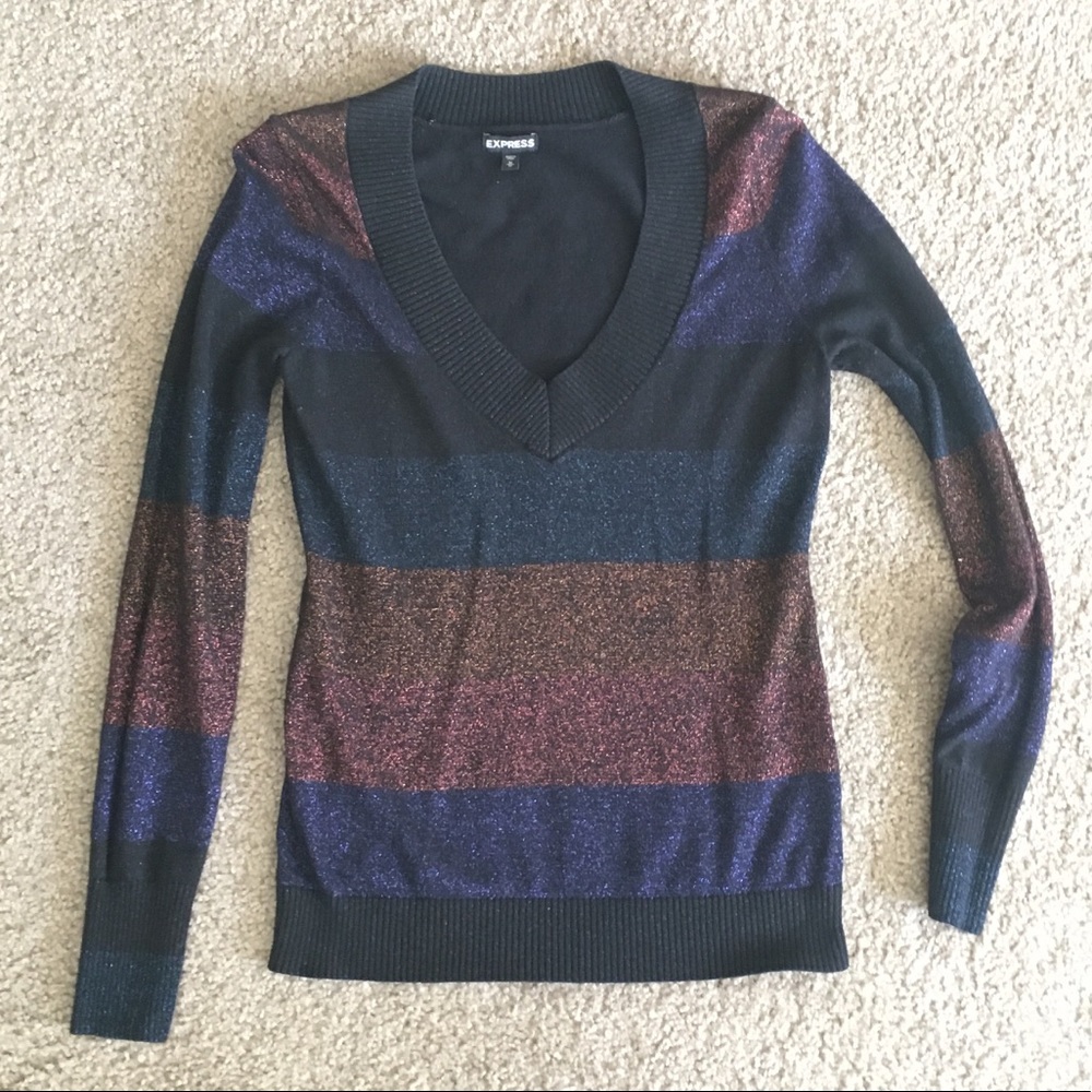 Express Metallic Striped V-Neck